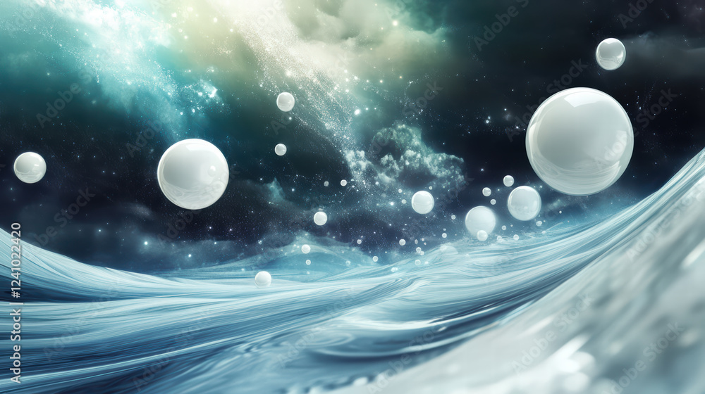 Poster abstract scene featuring floating white spheres above dynamic ocean surface, creating surreal and dr