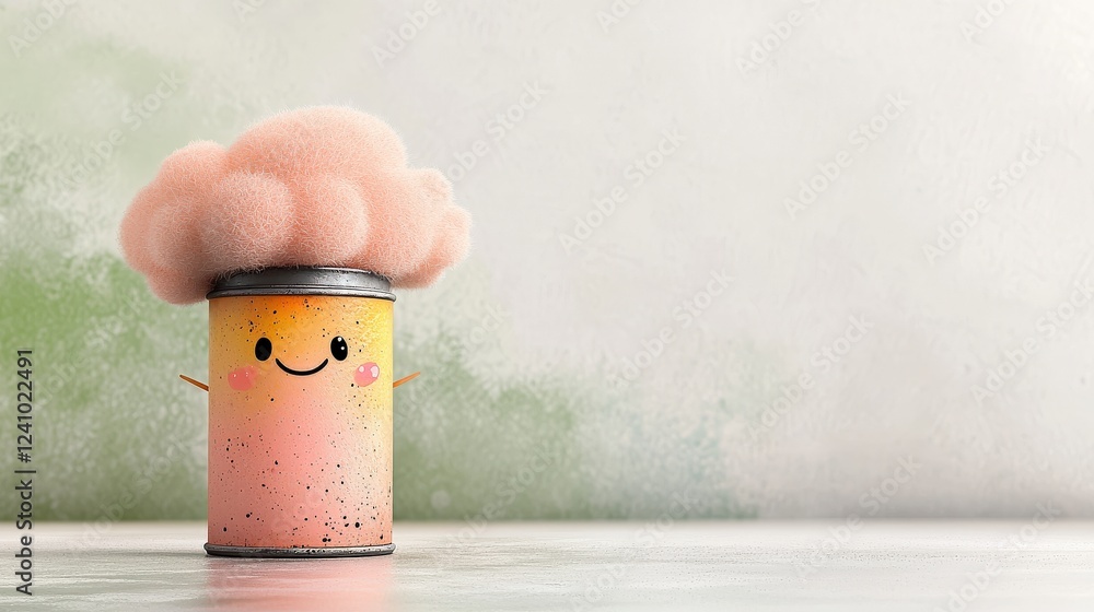 Poster cute character with pink fluffy cloud hat standing on a surface with soft background and cheerful ex
