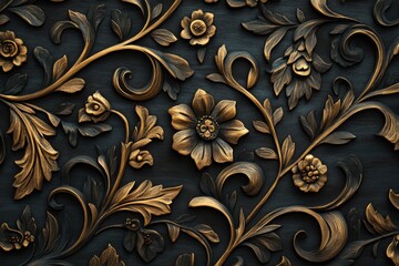 Ornate gold floral carvings on dark background.