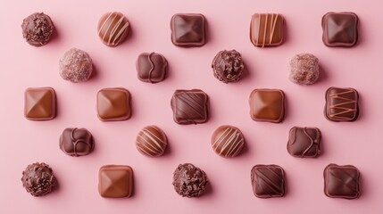 Fototapeta premium A Symphony of Hearts: A Delightful Collection of Exquisite Chocolate Hearts, Beautifully Displayed on a Pastel Pink Surface, Creating a Scene of Pure Romance and Sweet Indulgence