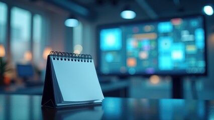 Calendar Mockup on Desk, High-tech office digital screen wall desk calendar photorealistic no people futuristic.