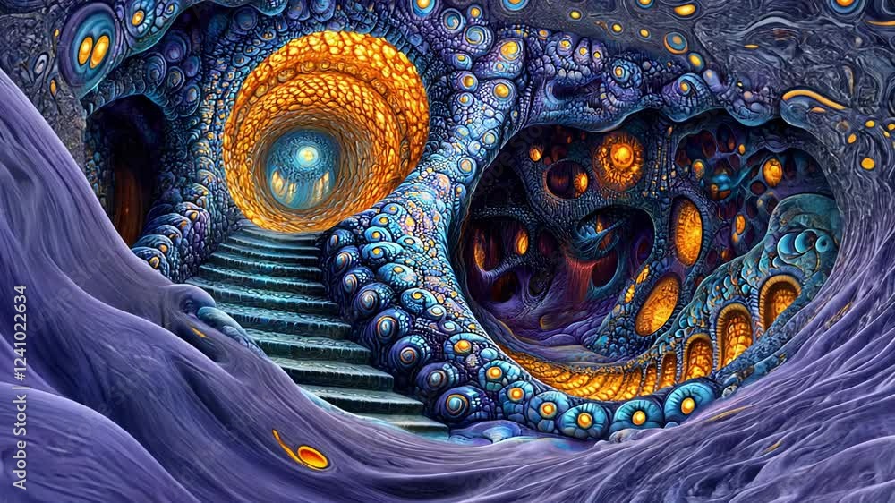 Poster explore surreal architectural wonders in an extraordinary colorful dimension with swirling patterns 