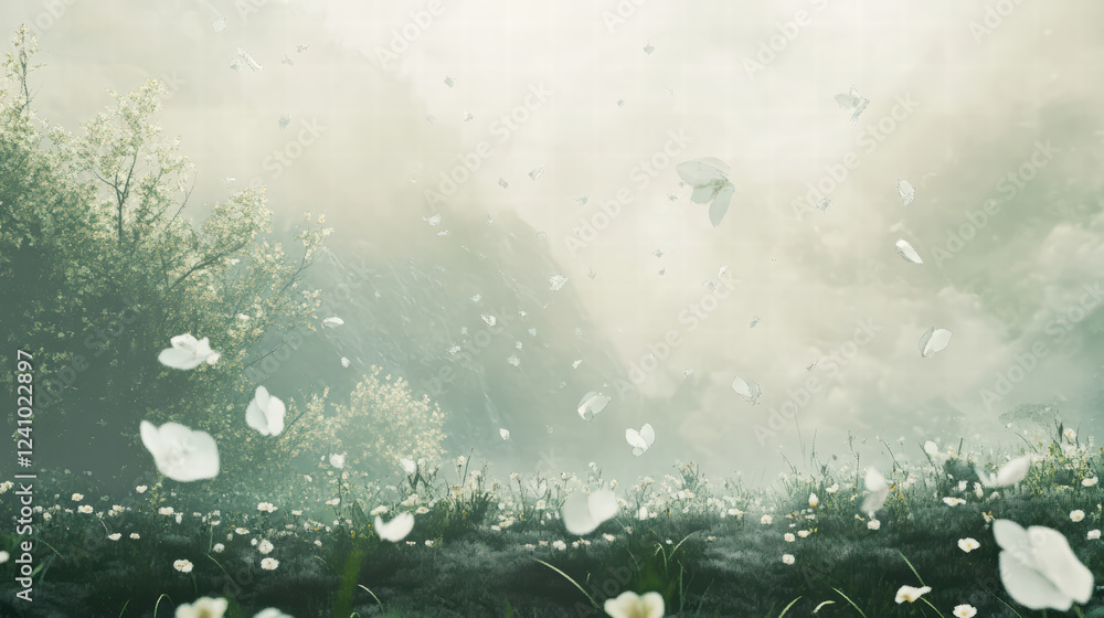 Poster ethereal scene of floating white petals in misty landscape, surrounded by soft greenery and gentle l