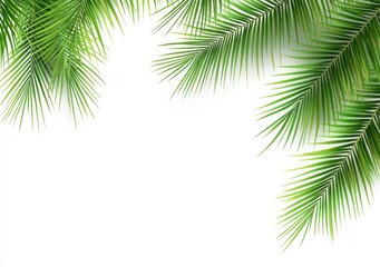 Fototapeta premium Fresh green plant leaves create a corner border against a clean white background. The leaves feature a detailed, slightly pixelated texture with