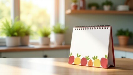 Desk Calendar Mockup, Vibrant kitchen sunlit decor seasonal food desk calendar photorealistic.