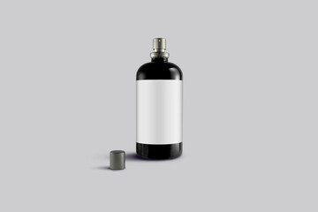 Realistic perfume glass bottle mockup. Label design of cylinder minimalist fragrance package with silver sprayer and cap. Cologne black glass bottle. Perfume spray
