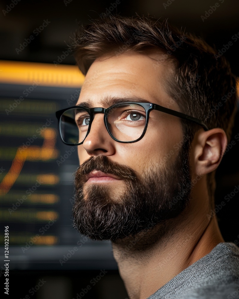 Aufkleber young man with glasses and beard in front of stock market graph analyzing data with focused expressi