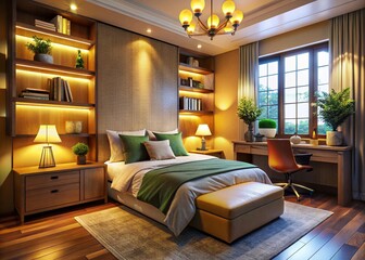Cozy Multi-Functional Guest Room: Low Light Photography of Versatile Space with Bed, Workspace & Storage