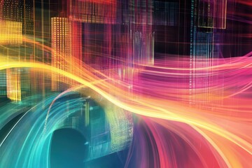 an abstract background featuring layers of colorful data charts and graphs flowing seamlessly, symbolizing the intersection of technology and information in modern society