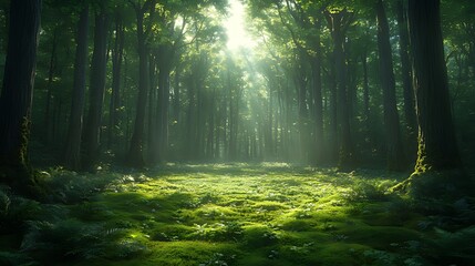 Fototapeta premium Sunlit Forest Path, Mossy Ground, Mystical Ambiance, Nature Background, Wallpaper