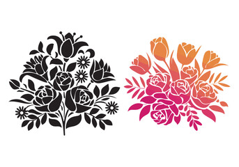 A vector illustration of a bouquet silhouette of fresh flowers. The bouquet consists of roses, tulips, and lilies. The flowers have a gradient of pink to orange. The bouquet