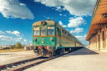 Obraz premium an aged green train sitting at a vintage station, surrounded by nostalgic elements and a vibrant blue sky, evoking memories of travel and adventure