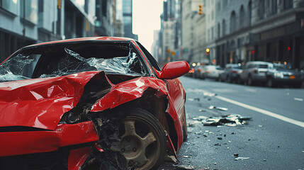 Urban Resilience Aesthetic Close-Up of Crashed Red Car on City Street - Dynamic Safety Content for Modern Defensive Driving Campaigns and Road Hazard Awareness