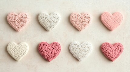 Fototapeta premium Delicate lace hearts in soft shades of pink and cream layered over a textured paper background creating a romantic and elegant design This image evokes a sense of tenderness sentiment