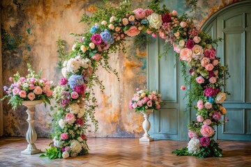 Fototapeta premium Delicate Floral Arch Maternity & Wedding Backdrop: Vintage Wall Panoramic Photography