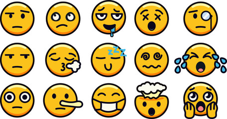 Set of expressive emojis depicting various emotions and moods.