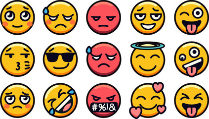 Fototapeta premium Colorful set of expressive emoticon faces with various emotions.