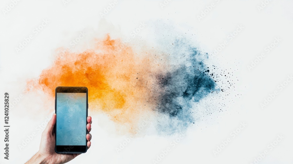 Poster hand holding smartphone with colorful paint splash abstract background for creative and digital conc