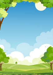 Spring landscape green fields lwith mountain, blue sky and clouds background,Vertical peaceful rural nature in springtime with green grass land.Cartoon vector illustration for spring and summer banner