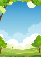 Gordijnen Spring landscape green fields lwith mountain, blue sky and clouds background,Vertical peaceful rural nature in springtime with green grass land.Cartoon vector illustration for spring and summer banner © Anchalee