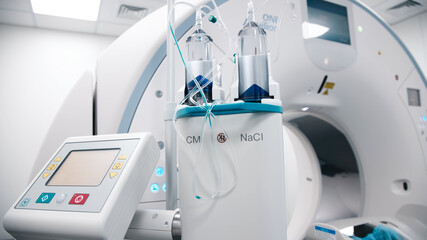 Close-up of a contrast agent before diagnostics in a CT room. The concept of using innovative...