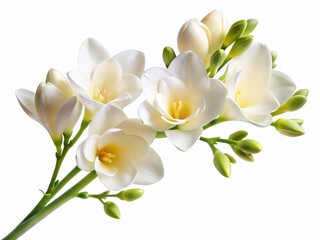 Naklejka premium Creamy White Freesia Blossoms Branch Isolated White Background Stock Photo