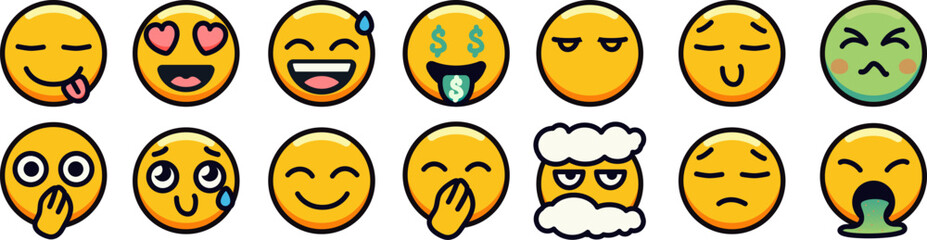 A set of diverse emoji faces displaying various emotions and expressions.