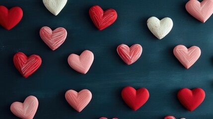 Obraz premium Whimsical heart doodles in shades of red and pink scattered across a chalkboard style background creating a playful and charming Valentine s vibe The abstract