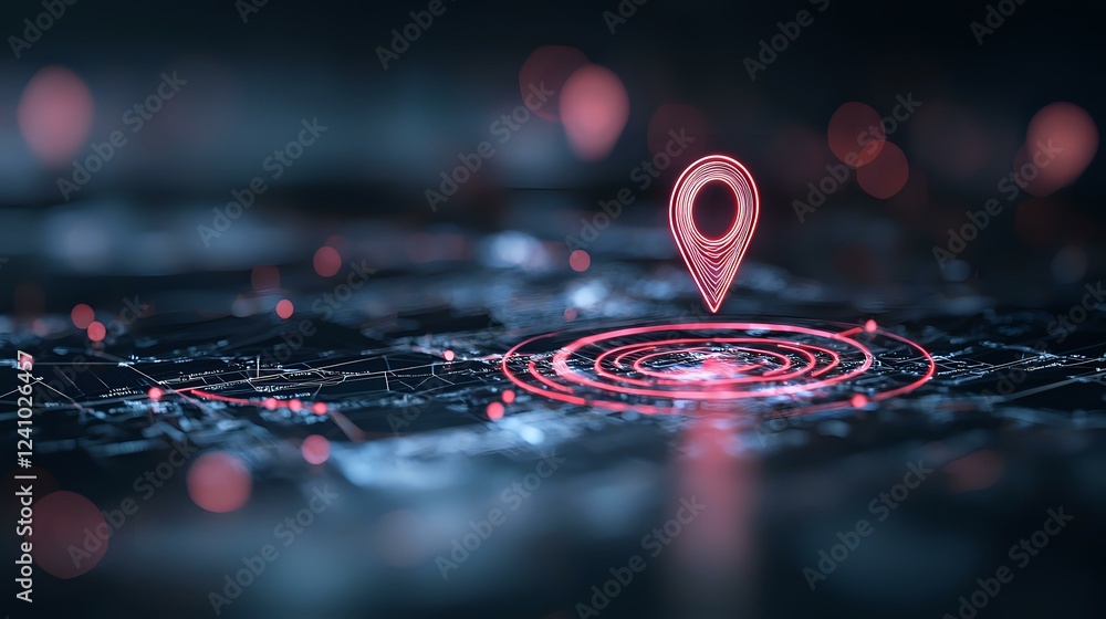 Poster glowing pink location pin marker with concentric circles on dark digital map background with bokeh e