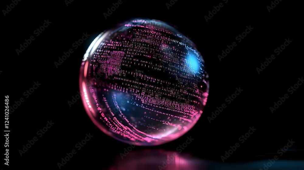 Poster glowing digital sphere with binary code and data streams in pink and blue neon colors against dark b
