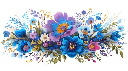 Vibrant floral arrangement with blue and purple flowers, golden details and delicate leaves in watercolor style on white background, suitable for wedding stationery.