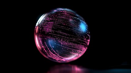 Obraz premium Glowing digital sphere with binary code and data streams in pink and blue neon colors against dark background, floating with reflection on surface.