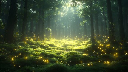 Obraz premium Magical forest path, glowing fireflies, sunlit, moss