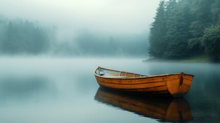 Serene misty lake with wooden rowboat and forested hills at dawn.