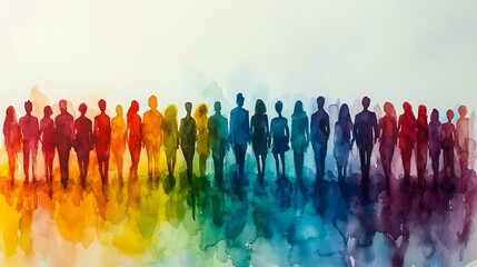 Diverse group of people silhouettes standing together in rainbow colors against watercolor background, representing unity, inclusion and community spirit.