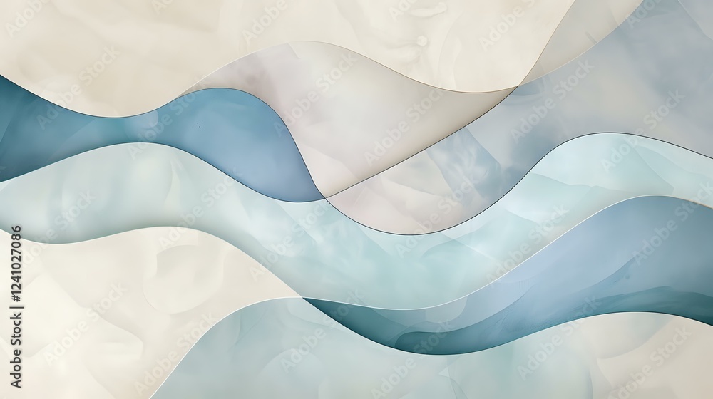 Poster soft flowing waves in gentle blue and white tones create abstract layered background with smooth cur