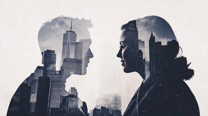 Double exposure of business professionals discussing in cityscape, showcasing their silhouettes against backdrop of skyscrapers. image conveys collaboration and urban life