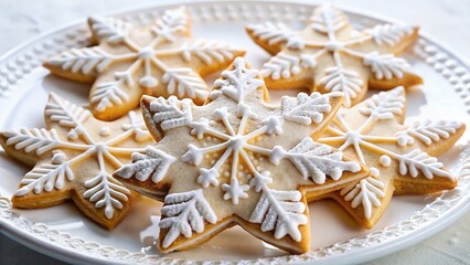 Delicate Snowflake Cookies: Festive White Icing & Powdered Sugar on a Plate