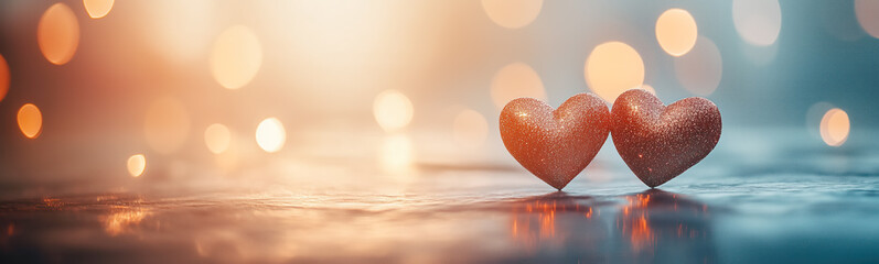 Fototapeta premium Beautiful simple Valentines day background with two hearts and sparkling lights. Love concept.