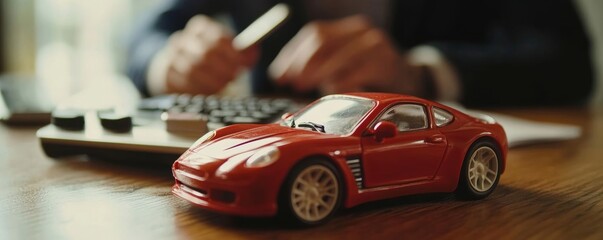 Toy Car In Front Of Businessman Calculating Loan, 