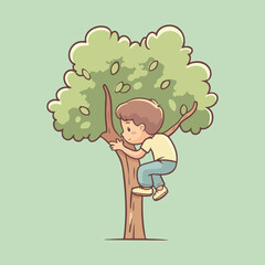 Playful Cartoon Kid Joyfully Climbing a Tree vector illustration 