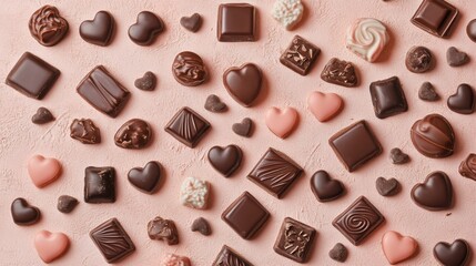 Fototapeta premium A Symphony of Hearts: A Delightful Collection of Exquisite Chocolate Hearts, Beautifully Displayed on a Pastel Pink Surface, Creating a Scene of Pure Romance and Sweet Indulgence