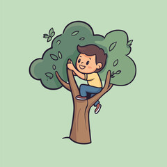Playful Cartoon Kid Joyfully Climbing a Tree vector illustration 