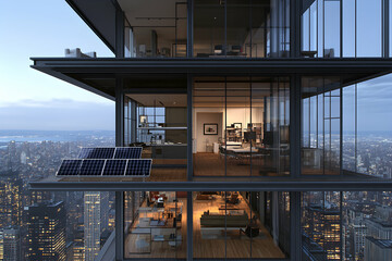 Luxurious modern penthouse apartment with city views and rooftop solar panels.  Evening ambiance.