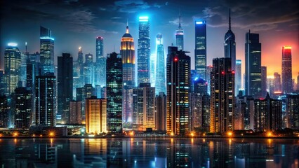 Fototapeta premium Black wallpaper showcases a sprawling cityscape at dusk with towering skyscrapers and neon lights, dusk, building, mysterious, city life