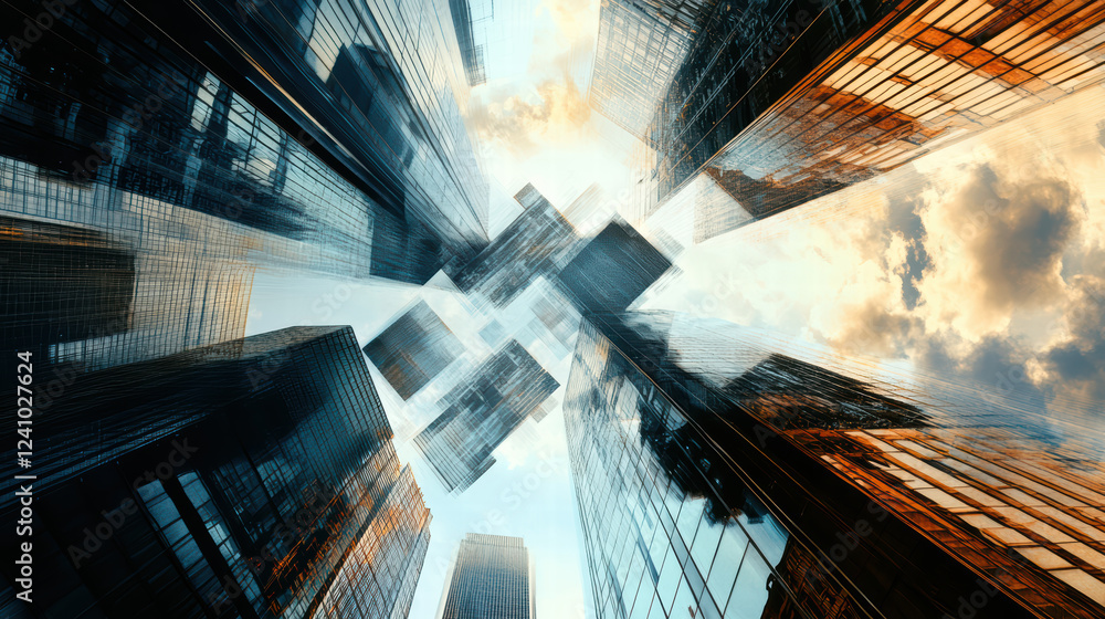 Poster dynamic view of modern skyscrapers reflecting sky and clouds, showcasing urban architecture and desi