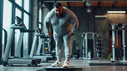 This Focused effort on weight loss as individual weighs himself in a fitness center.