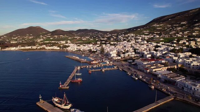 Drone shot of Parikia of Paros in Greece. Little port for the fishing boats and town.
