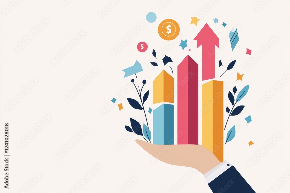 Poster a simple vector icon of a hand holding a slow-growing bar chart, representing stable investment grow