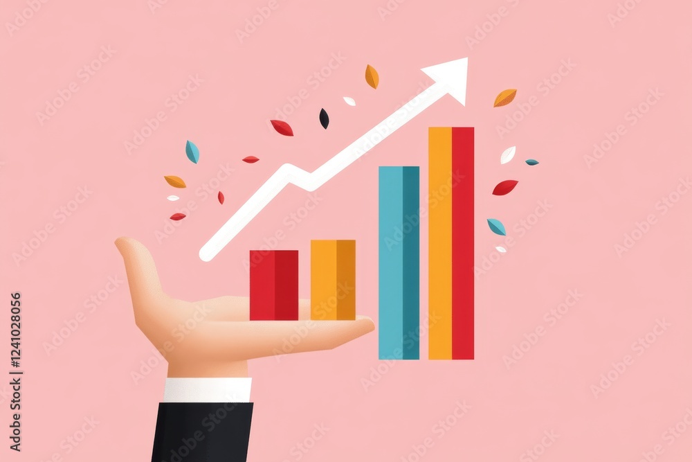 Poster a simple vector icon of a hand holding a slow-growing bar chart, representing stable investment grow